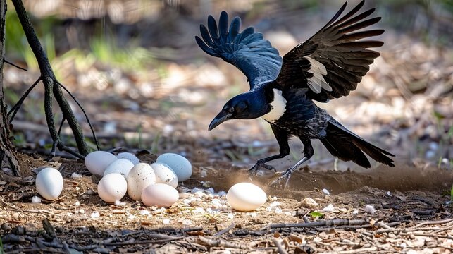 Magpie stealing eggs, Urraca robando huevos, urraca pajaro, urracas