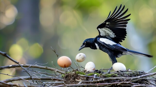 Magpie stealing eggs, Urraca robando huevos, urraca pajaro, urracas