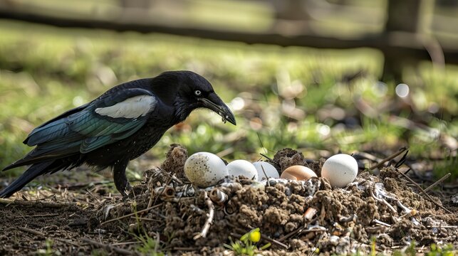 Magpie stealing eggs, Urraca robando huevos, urraca pajaro, urracas