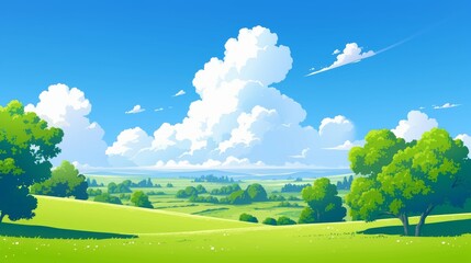Sunny Day in a Green Meadow with Fluffy Clouds