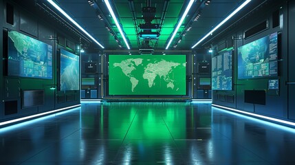 Futuristic Server Room with World Map Display