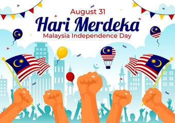 Happy Malaysia Independence Day Vector Illustration on 31 August with Waving Flag and Ribbon in a National Holiday Flat Cartoon Background