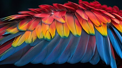 Fototapeta premium macaw Feathers on black background, Plumas de guacamaya sobre fondo negro, guacamayo