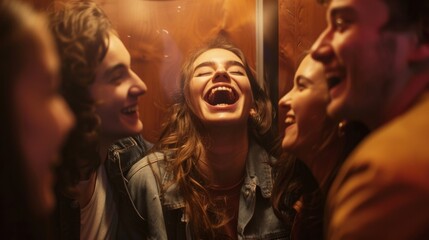 A defocused group of friends laughing and strategizing as they try to escape the locked room.