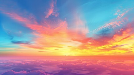 Obraz premium Dreamy Summer Sunset or Sunrise Sky: Fantasy Panoramic with Rich Gradient Colors of Blue, Orange, and Yellow