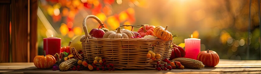 A cozy autumn scene with a wicker basket filled with pumpkins and gourds, surrounded by candles and autumnal leaves on a wooden table.