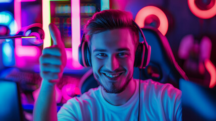 Cheerful male gamer streaming live, giving a thumbs up to celebrate milestone achievement in vibrant gaming setup.