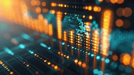 Obraz premium Abstract digital data visualization with neon glowing charts and graphs, representing information technology and financial analysis concepts.