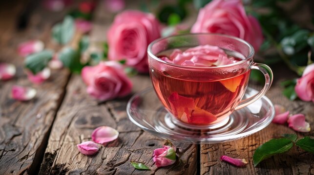 Cup of rose tea on a wooden table with roses, rose tea, rustic charm. Cup of tea with rose on color background