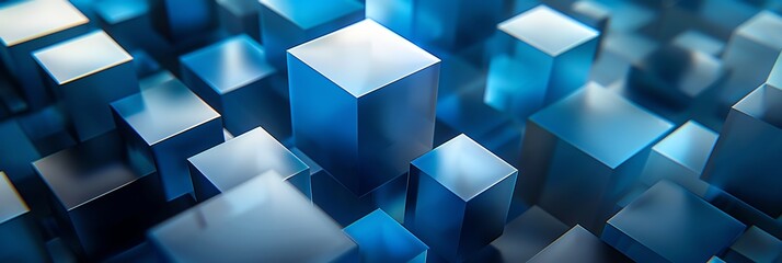 a collection of abstract blue cubes and boxes, in the style of highly polished surfaces, clear edge definition, sabattier filter, refractive surfaces, 3:1 banner, landing page