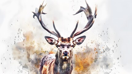 Deer with spreading antlers watercolor painting. 