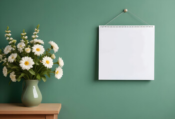 Blank white poster hanging on the wall with flowers in vase