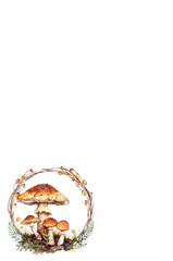 Watercolor mushroom frame on white vertical background for autumn season nature plant concept