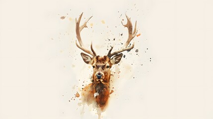 Deer with spreading antlers watercolor painting. 