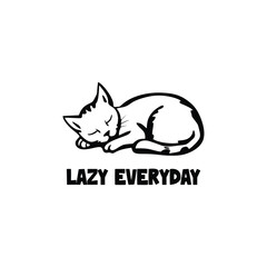 minimalistic single black ink white background minimal cat sleeping text read : lazy everyday. the design can be used to t-shirt and more