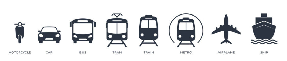 Transport Silhouette Icon Set. Connecting Land, Air, and Sea. Isolated Vector Illustration.