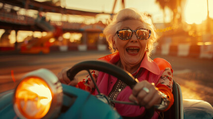 An elderly cheerful stylish fashionable woman in a pink shirt and sunglasses goes karting. Summer entertainment. She is smiling and enjoying