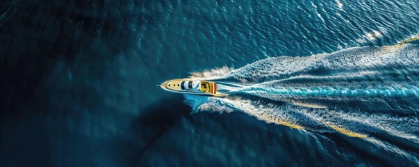 Aerial view of a speedboat cutting through the blue water, leaving a wake behind. The boat is moving quickly and creating patterns on the sea.