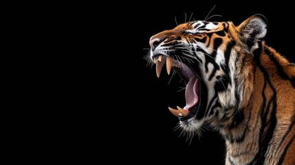 Male tiger with stripes roars displaying its tusks space for editor s text