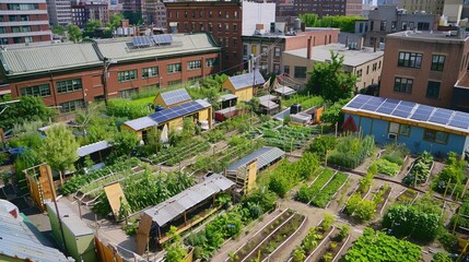 City Rooftops: Focus on rooftop gardens, solar panels, and urban beekeeping, showcasing the city's...