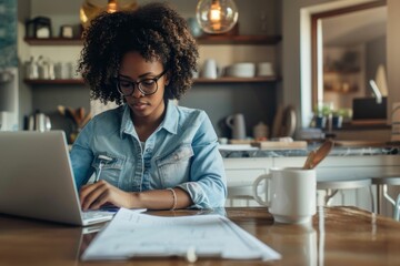 African american woman working on laptop at table with coffee cup in office setting