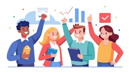 Goal crushed! The team erupts in cheers, raising their hands in triumph as papers with upward-trending graphs visually represent their success.