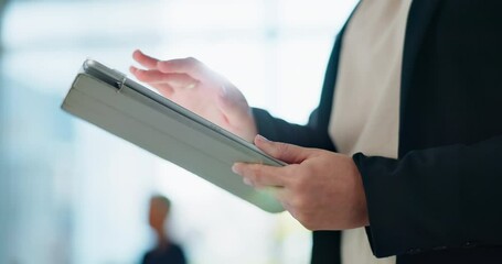 Business, person and tablet with hands in office, online communication and employee planning company schedule. Scrolling, website browsing and social networking on app, research and email review - Powered by Adobe