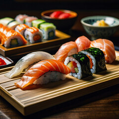 Delicious sushi platter with various types of nigiri, maki, and sashimi