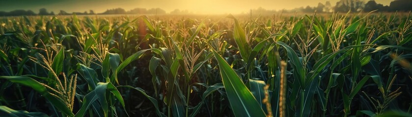 Obraz premium Sunlit cornfield at dawn with green plants and yellow sunlight, showcasing agricultural beauty in the countryside, perfect for nature themes.
