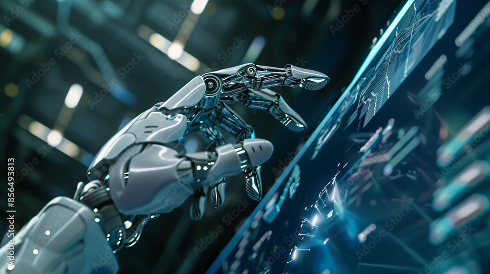 Poster artificial intelligence arm interacts with screen