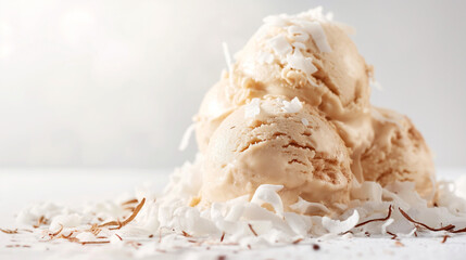 Decadent spiced rum and coconut gelato, an image of decadent spiced rum and coconut gelato, its creamy texture and rum flavor with coconut flakes against a white backdrop