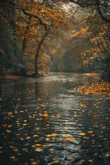 Obraz premium Autumn River with Falling Leaves