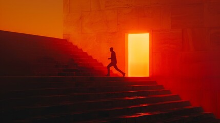 Fototapeta premium Escape to Enlightenment: Silhouette of a Man Running Towards a Glowing Exit Door on a Staircase at Sunset, a Study in Contrast and Exploration
