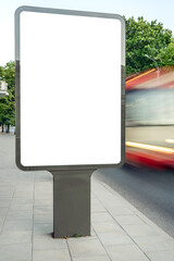 Blank Mockup Of Vertical Lightbox For Your Advertising Or Banner. Ad Billboard With Blurred Light Trails