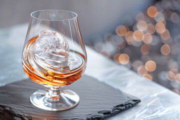 Сhic cocktail glass stands on polished grey slate and holding crystal-clear ice ball with few elegant drops of bitters creating swirl pattern inside.