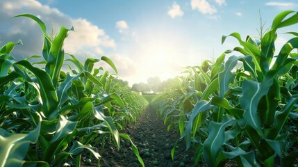 Obraz premium Sunlit cornfield with vibrant green leaves and clear blue sky, highlighting agricultural beauty and nature's growth in summer.