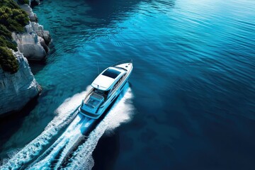 Obraz premium Aerial view of a luxury motorboat cruising through brilliant blue water along a rocky coastline on a sunny day. Perfect for travel and adventure themes.