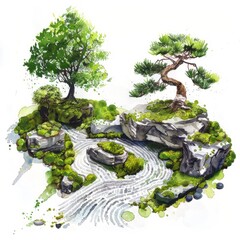 Watercolor painting of a serene zen garden, with carefully raked gravel, moss-covered stones, and a meditative, on isolated white background, Generative AI