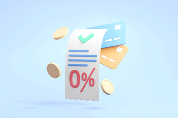 3D Render of a Receipt with 0% Text, Check Mark, Credit Card, and Coins - Zero Percent Financing and Payment Concept