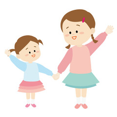 手を繋いで横断する姉妹のイラスト