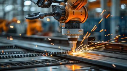 A robot is cutting metal with sparks flying