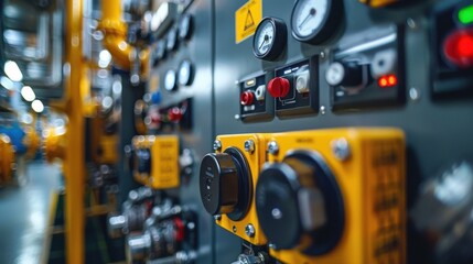 Fototapeta premium A close up of a control panel with yellow buttons and red gauges