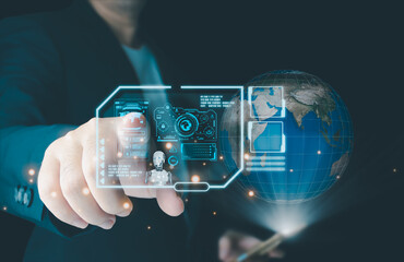 Businessman is showing concept of future technology and internet connection network with AI as controller. A graphic floated in the air on his hand. Data center network concept.