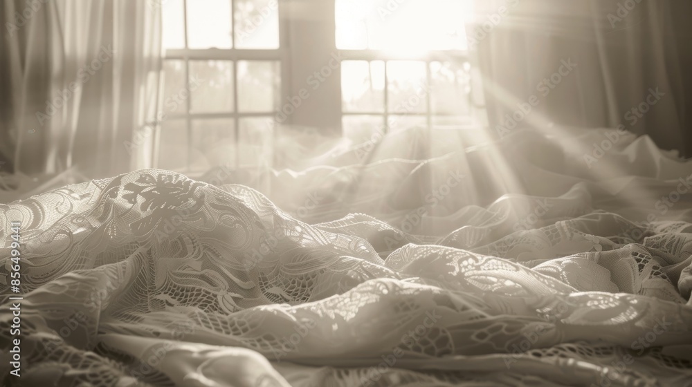 Poster a bedspread with intricate patterns dances in the air as a strong gust blows through the window.