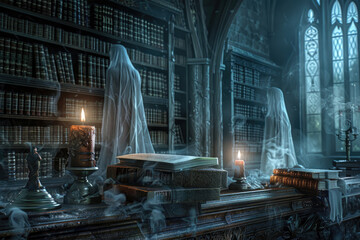Haunted Library with Candles and Mysterious Smoky Atmosphere