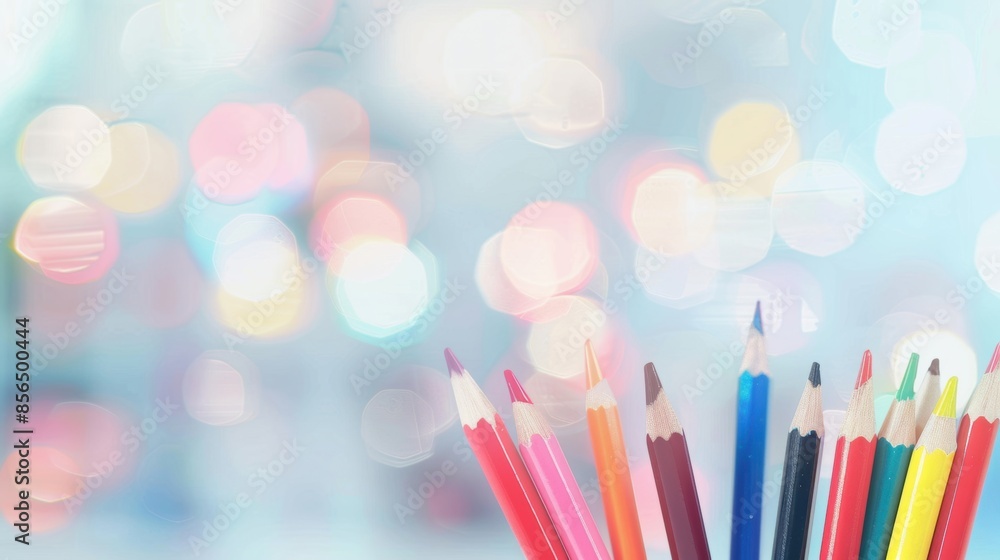 Poster a collection of colorful pencils arranged in front of a dreamy bokeh light background, creating an a