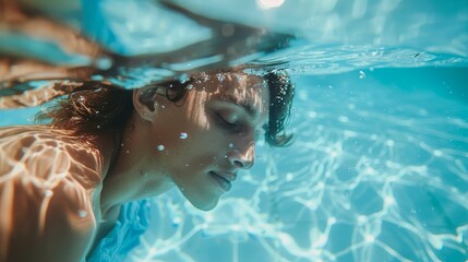 Underwater massage therapy in a clear blue pool, surrealistic style, therapeutic and dreamy