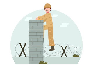 Soldier climbing the wall. Army vector illustration