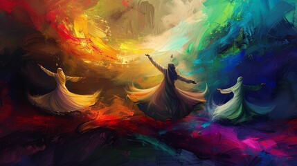 Sufi dervishes performing a whirling ceremony, mystical atmosphere, vibrant digital painting, spiritual dance