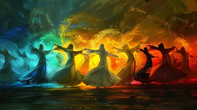 Sufi dervishes performing a whirling ceremony, mystical atmosphere, vibrant digital painting, spiritual dance